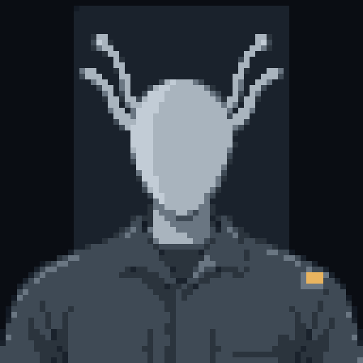 The operator of Nyktos Station, close: a faceless teardrop head, four feelers, the coverall with the amber patch